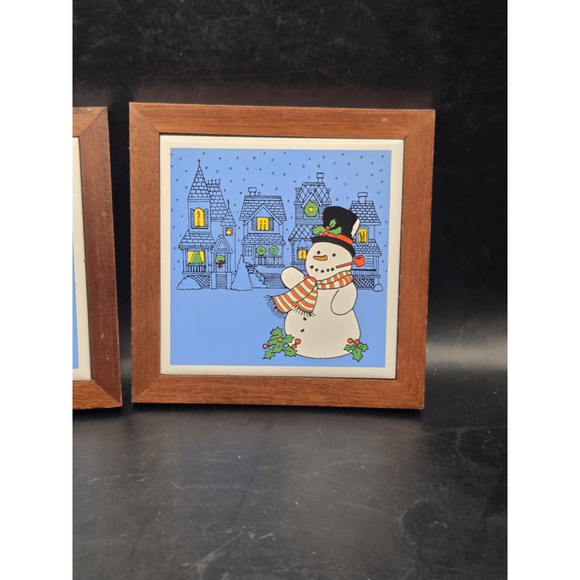 Trivets 2 Jasco Christmas Tree & Snowman Tile Wood Framed 5.25 Inch Square Vtg - Picture 2 of 12